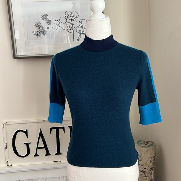 Tori Burch Color Block Short Sleeve Mock Neck 100% Cashmere Sweater - Picture 2 of 16